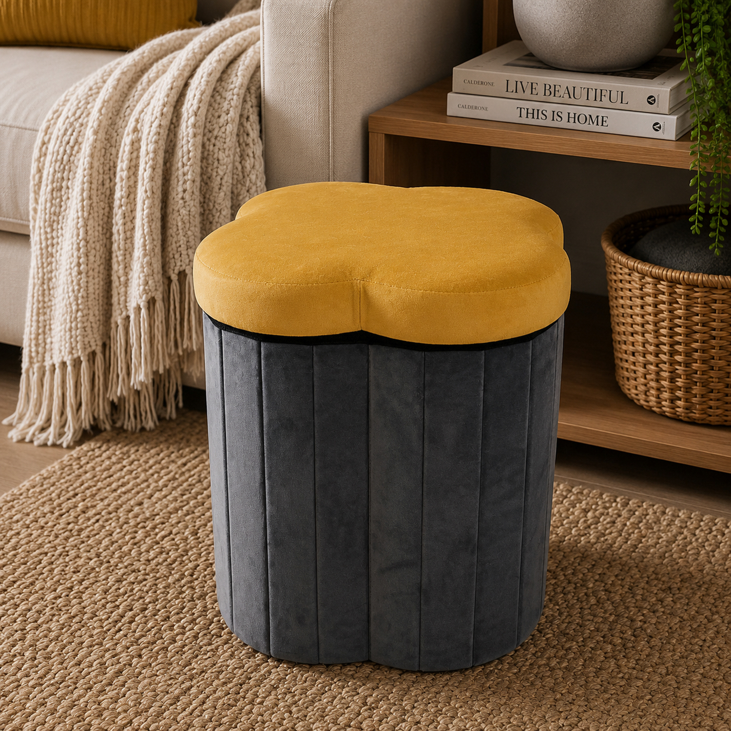 Pouf pieghevole velluto fiore giallo 40 cm